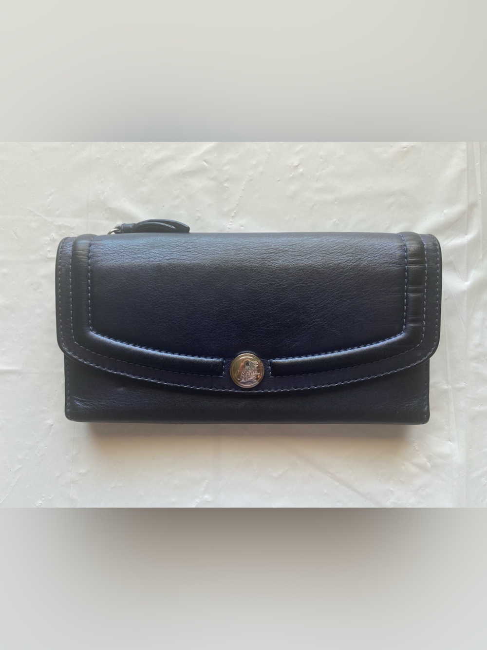 Coach Vintage Navy Blue Leather Madison Trifold Checkbook Wallet Gold Medallion